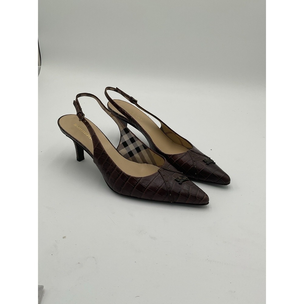 Burberry Vintage Slingback Heels Brown Alligator Plaid Interior Size 36.5 - Picture 3 of 8